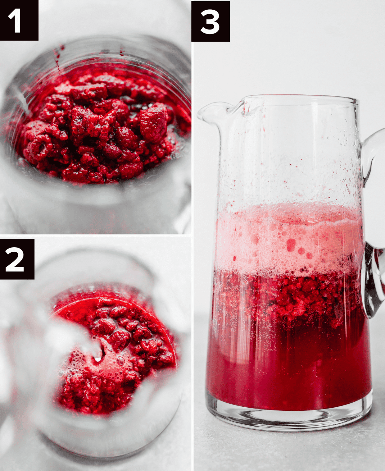 Three images showing how to make Raspberry Mojito Mocktail.