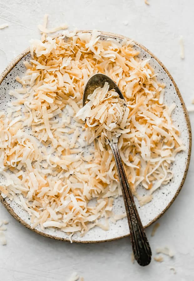 A plate with toasted coconut and a spoon cradling some of the coconut.