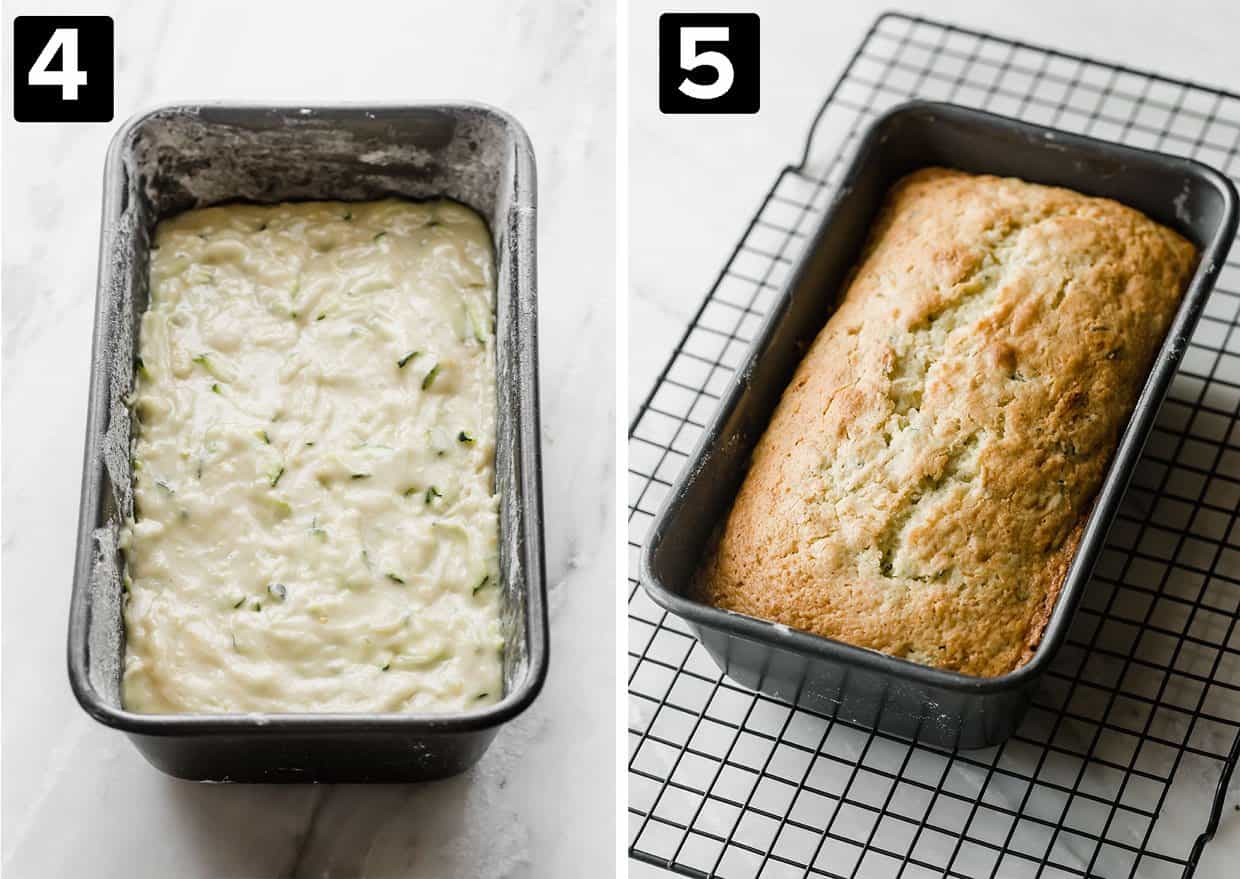 Two photos: left photo has Lemon Zucchini Bread batter in a loaf pan, right photo is baked Lemon Zucchini Bread on a wire rack.