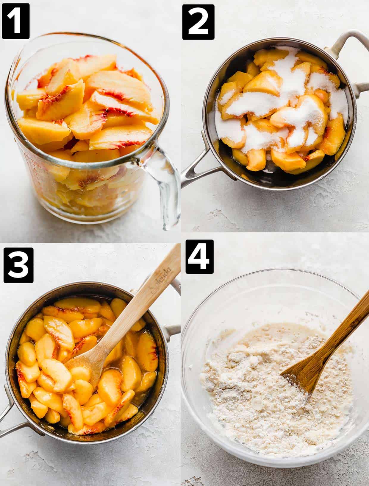 Four images showing how to make old fashioned Peach Cobbler: fresh peaches in a bowl, peaches and sugar in a pan, cooked peaches and sugar in pan, glass bowl with a flour batter in it.