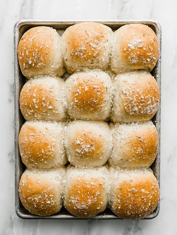 Rosemary Garlic and parmesan butter covered dinner rolls.
