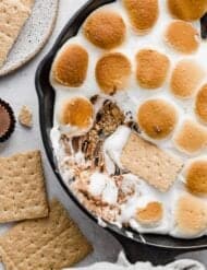 Reese's S'mores in a skillet with a graham cracker scooping into the marshmallows and peanut butter cups.
