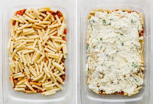 A casserole dish showing the layering of the baked ziti.