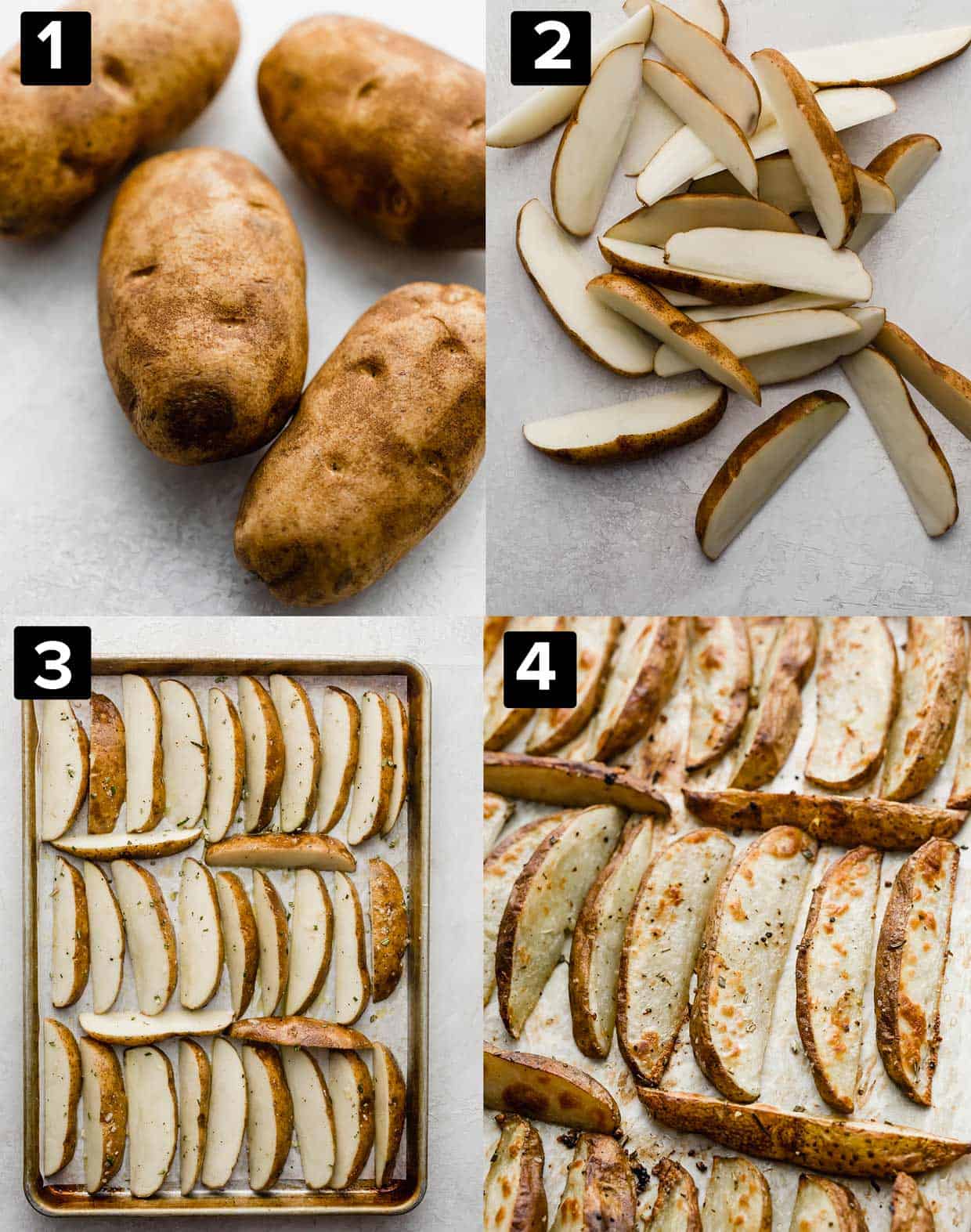 A four photo collage of Crispy Baked Potato Wedges in the making: russet potatoes, russet potatoes sliced into wedges, wedges on a sheet, and baked potato wedges. 