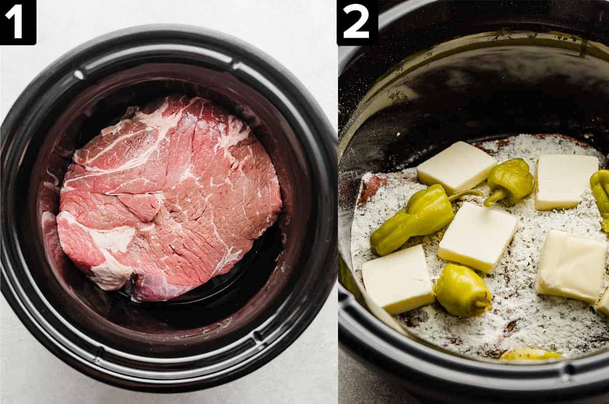 Two images side by side, left image is a chuck roast in a black crockpot, right photo has seasonings and pepperoncini peppers and butter on top of the beef chuck roast.