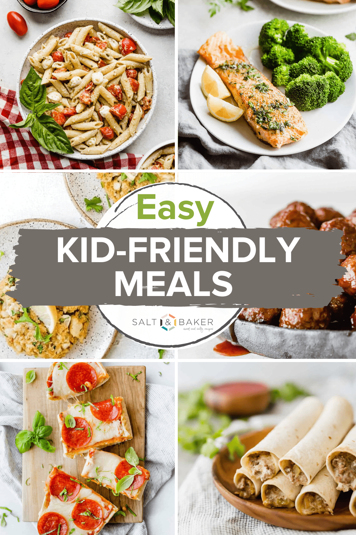 A collage of images featuring kid-friendly dinner recipes like French bread pizza, tomato and pesto pasta, lemon honey salmon and ground beef taquitos!