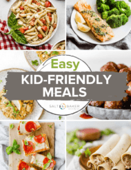 A collage of images featuring kid-friendly dinner recipes like French bread pizza, tomato and pesto pasta, lemon honey salmon and ground beef taquitos!