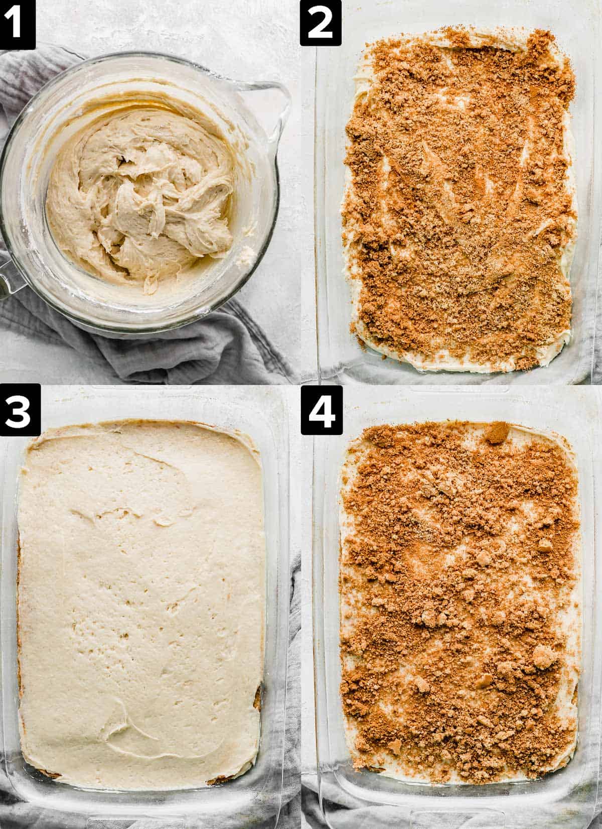Four images showing the making of a Cinnamon Roll Cake, top left has Cinnamon Roll Cake batter in a glass bowl, top right has cinnamon sugar coated cake batter, bottom left and bottom right is the Cinnamon Roll Cake in a rectangle pan.