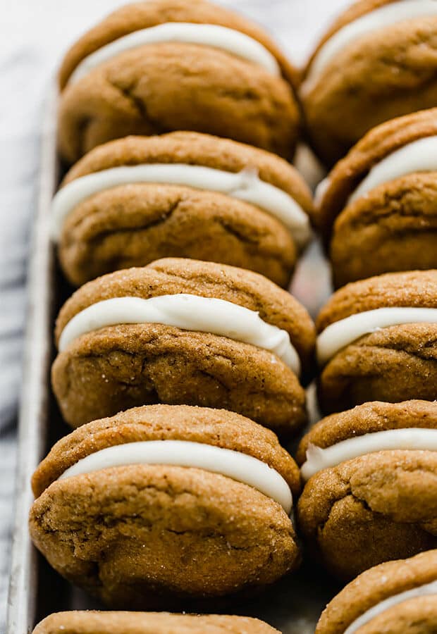 A row of gingerbread whoopie pies.