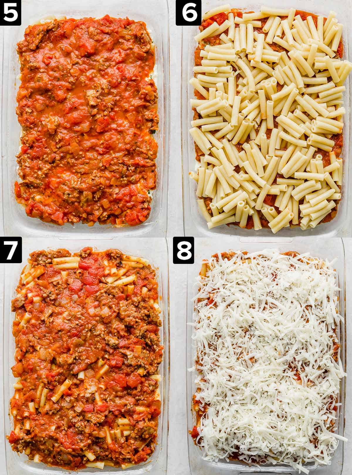 Four images showing the layering of a baked ziti noodle recipe.
