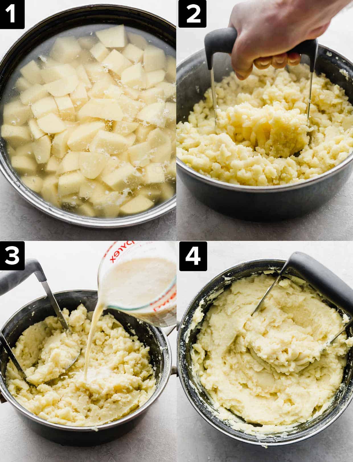 Four photos showing how to make the best homemade mashed potatoes with half and half, Yukon gold potatoes, and butter.