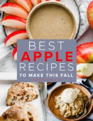 A photo collage of apple recipes: apple crisp, apple cinnamon scones, and caramel apple dip.