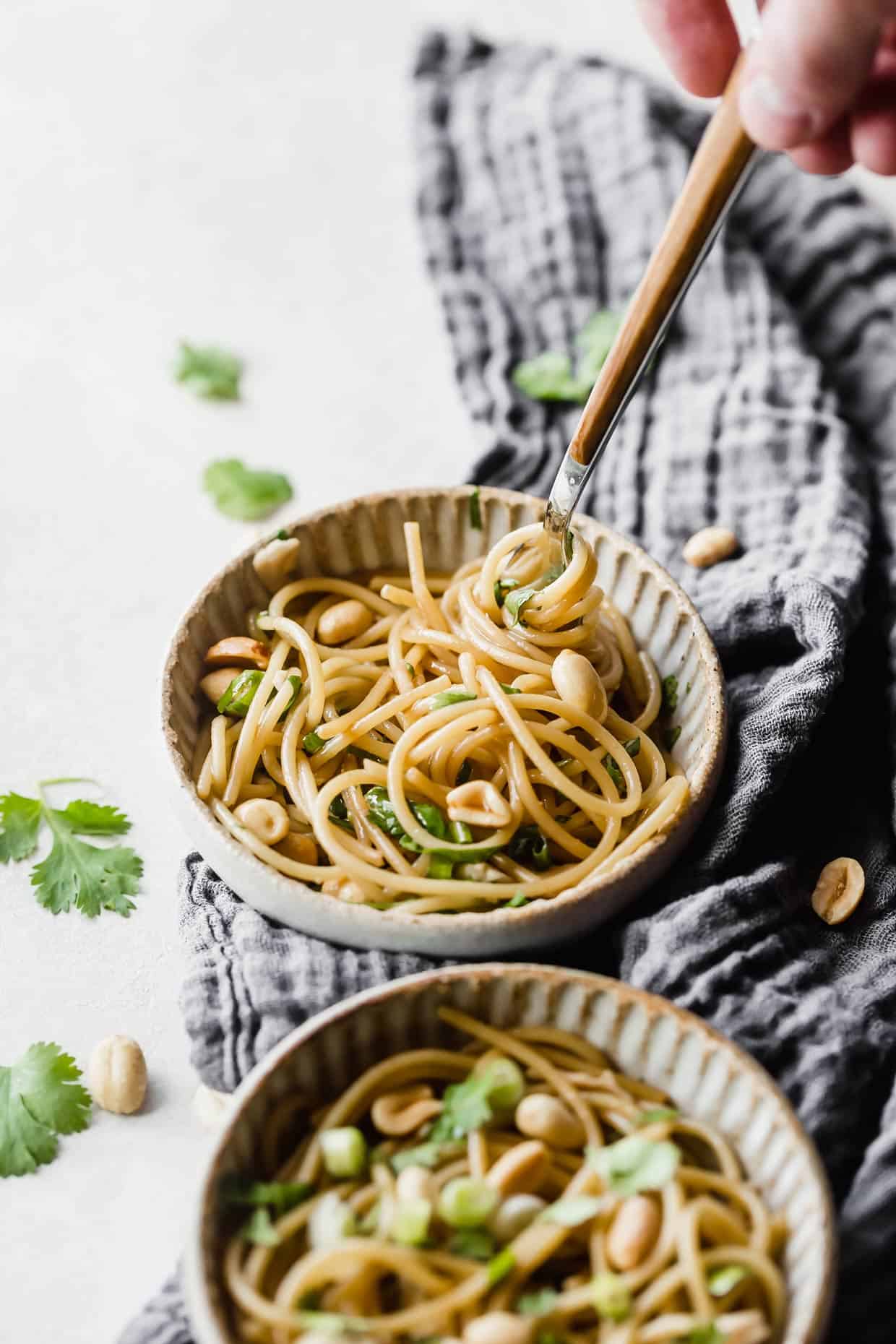 A small white bowl filled with Sesame Cilantro Noodles with a fork twirling the spaghetti noodles.