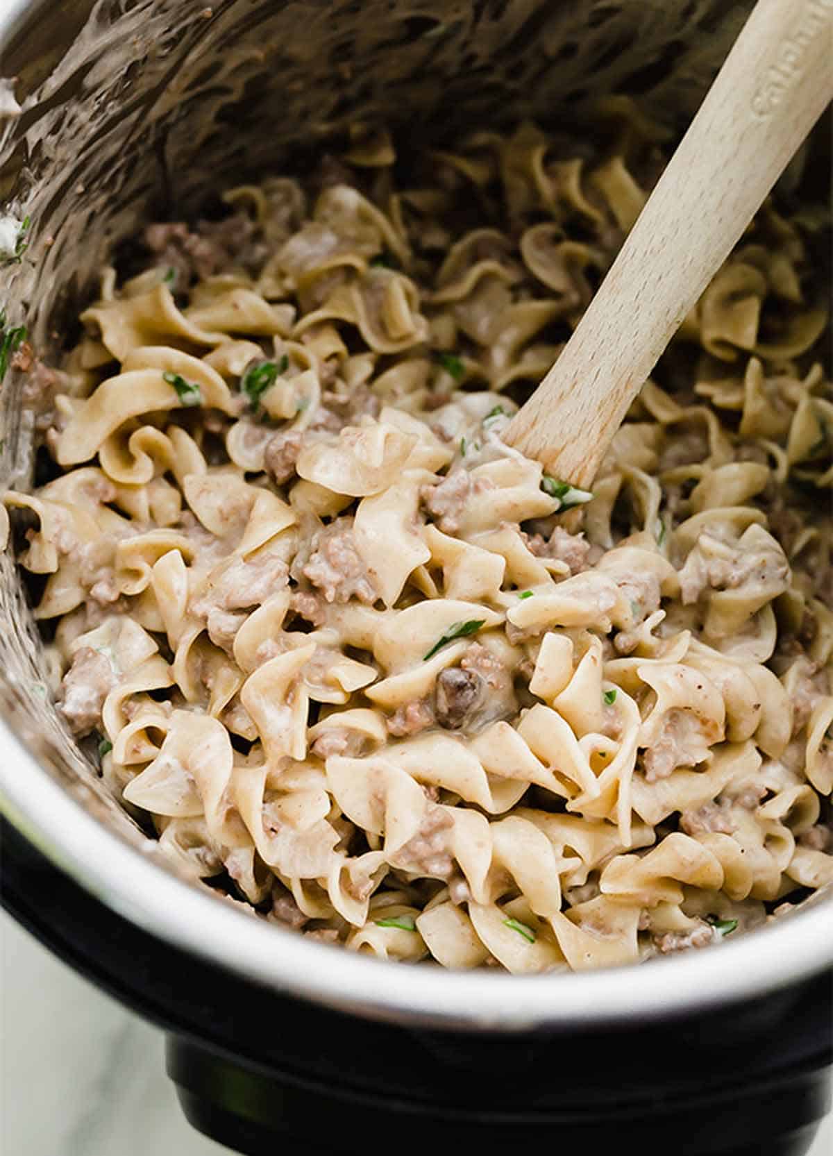Instant Pot Beef Stroganoff in the bowl of an instant pot.