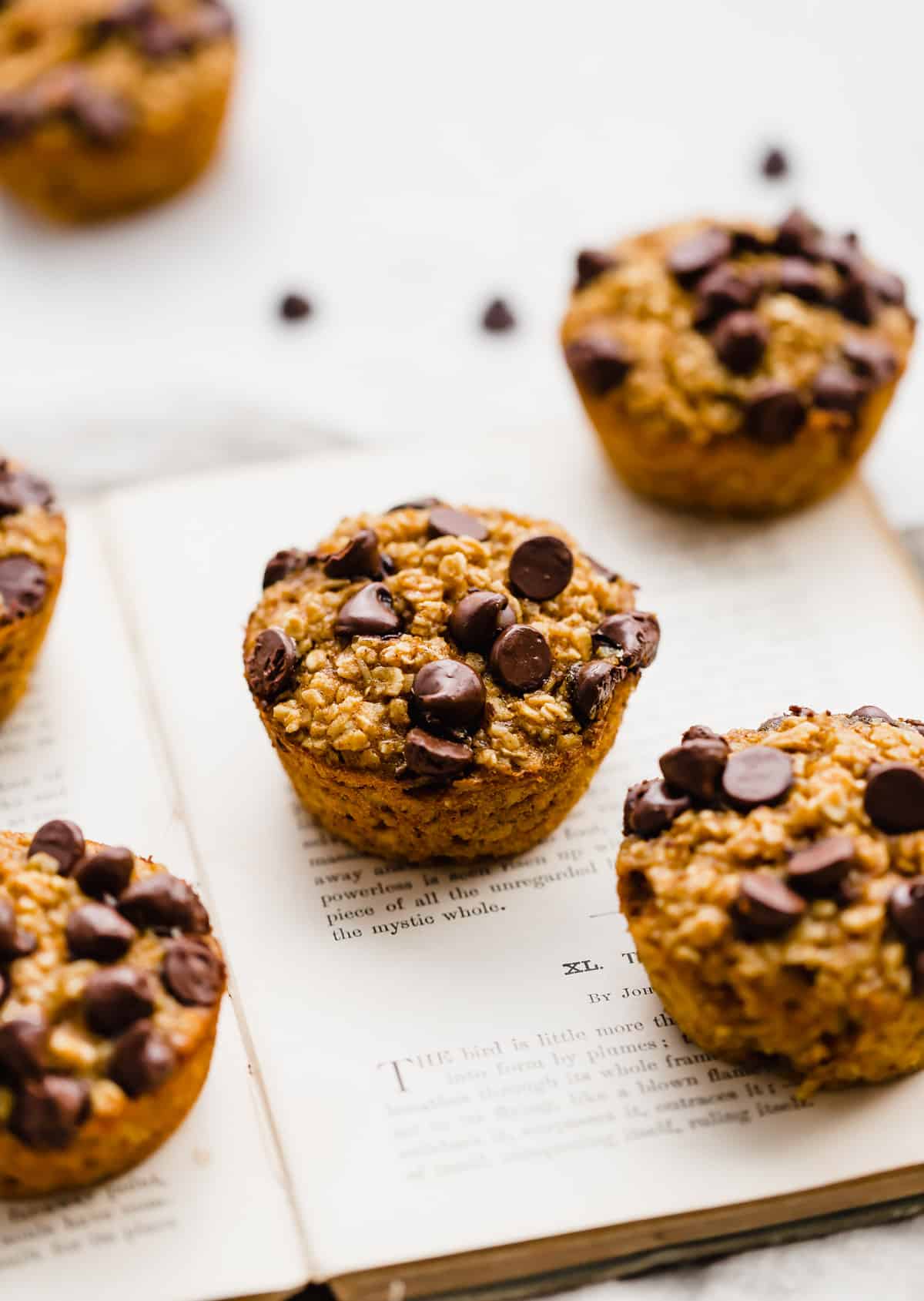 A Pumpkin Baked Oatmeal Cup topped with chocolate chips on a book.