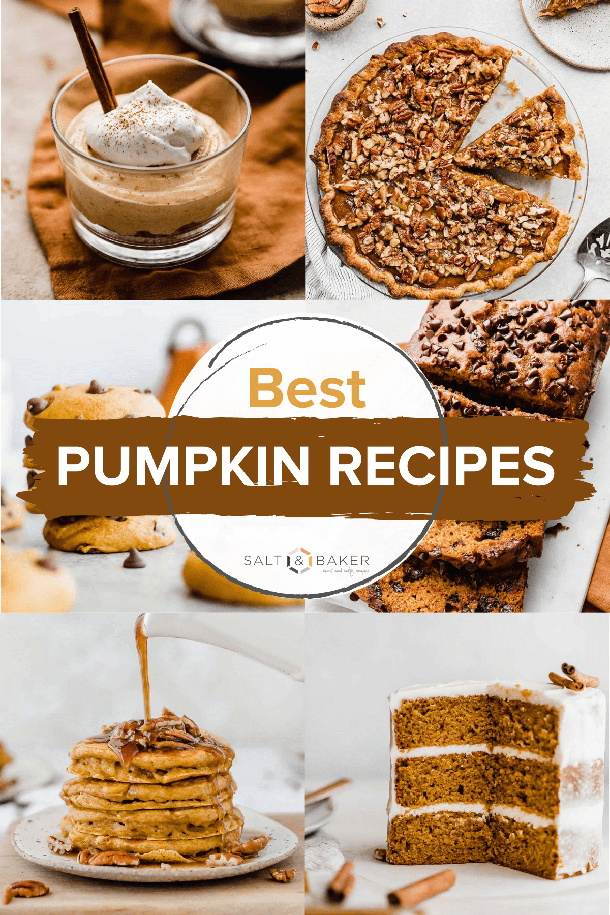 A collection of images featuring pumpkin recipes like pumpkin pancakes, pumpkin pie, pumpkin cake, pumpkin cheesecake, pumpkin bread with chocolate chips and pumpkin chocolate chip cookies!