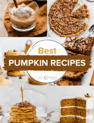 A collection of images featuring pumpkin recipes like pumpkin pancakes, pumpkin pie, pumpkin cake, pumpkin cheesecake, pumpkin bread with chocolate chips and pumpkin chocolate chip cookies!