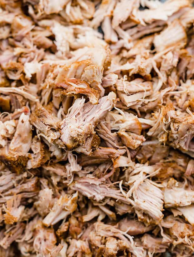 A close up photo of shredded pork.