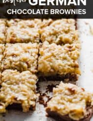 German Chocolate Brownies cut into squares, with the words, "best ever German Chocolate brownies" written in white font over the image.