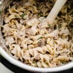 An instant pot filled with creamy ground beef stroganoff.