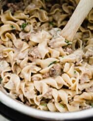 An instant pot filled with creamy ground beef stroganoff.