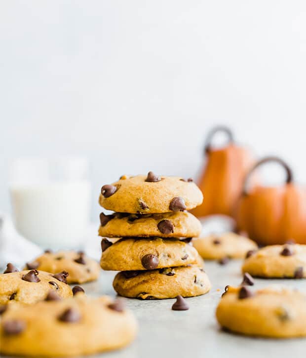 A stack of pumpkin chocolate chip cookies.