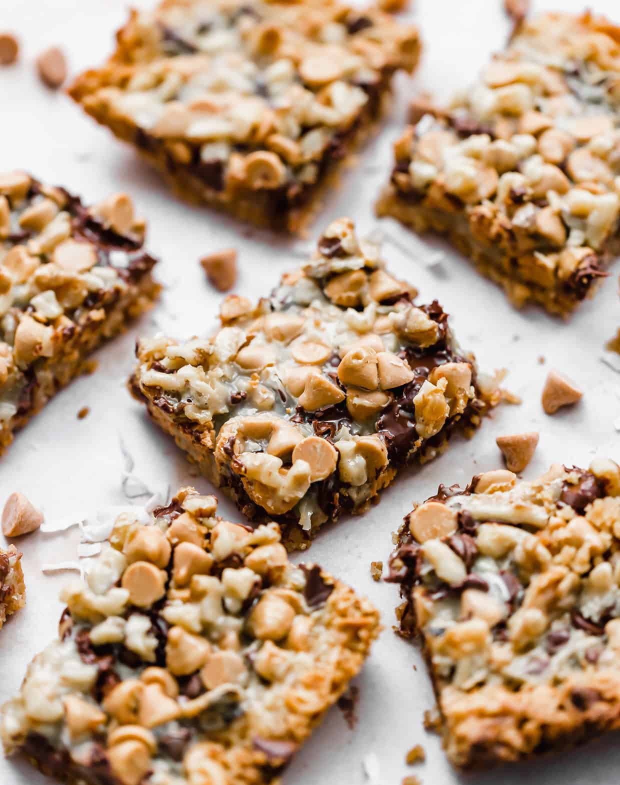 7 Layer Bars cut into squares on a white background. 
