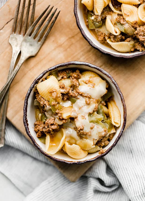 A bowl of Philly cheesesteak Pasta.