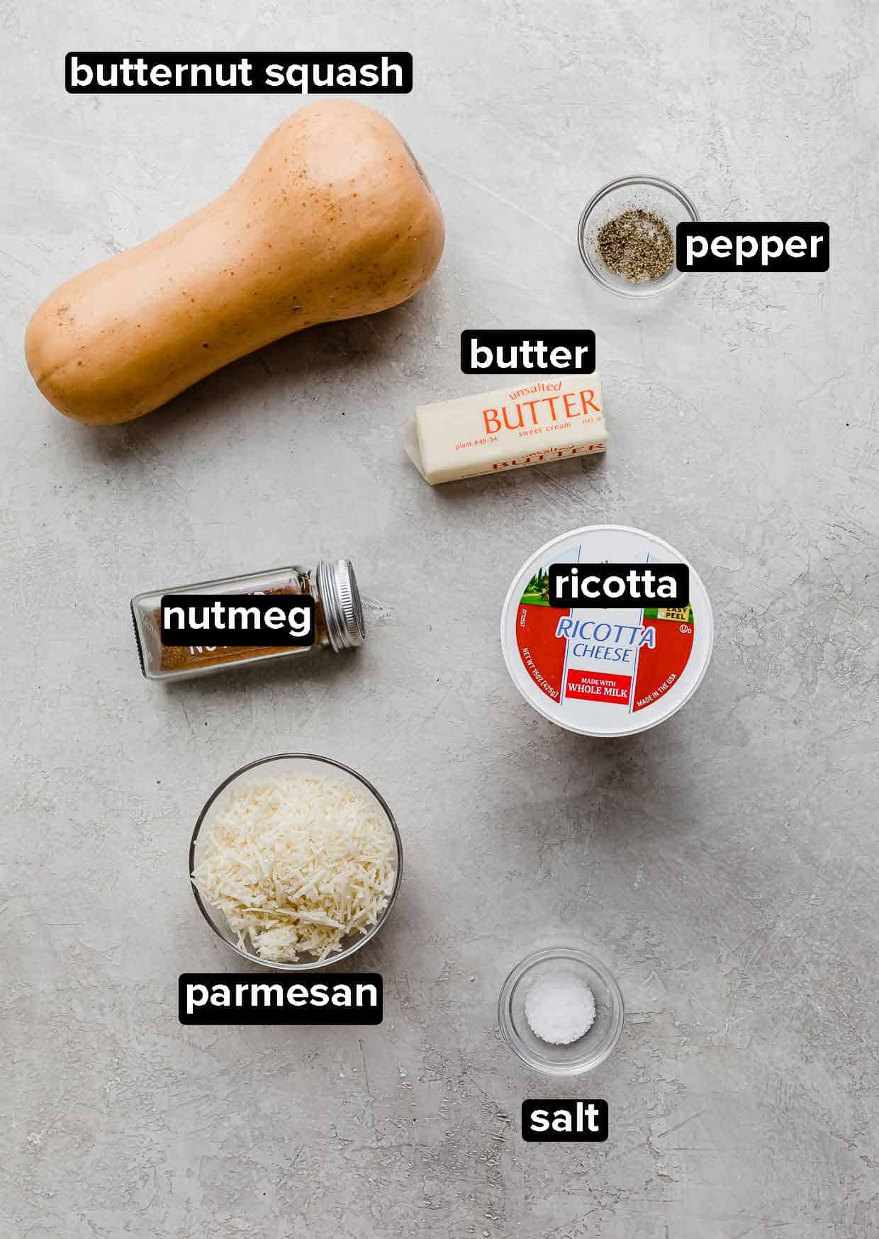 Butternut Squash Ravioli ingredients on a light gray background.