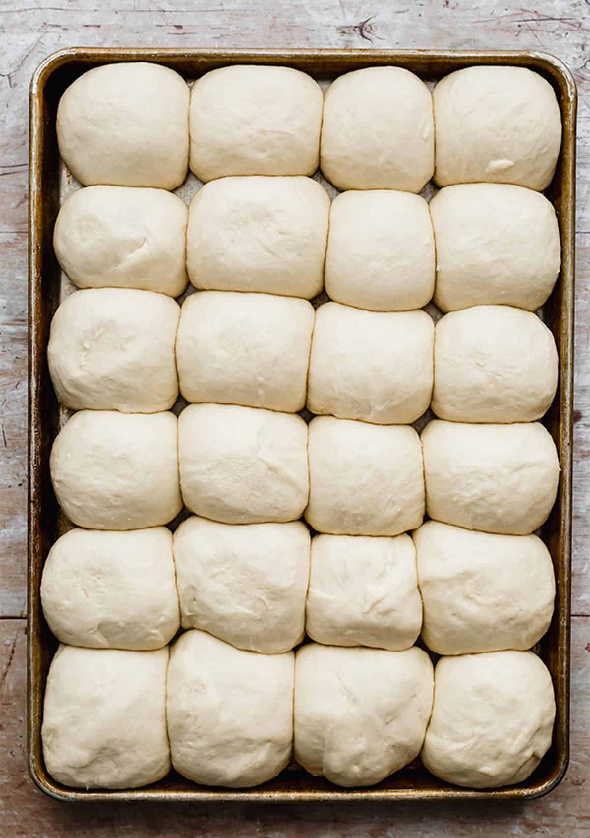 A baking sheet with homemade dinner roll dough balls lined up on the sheet.