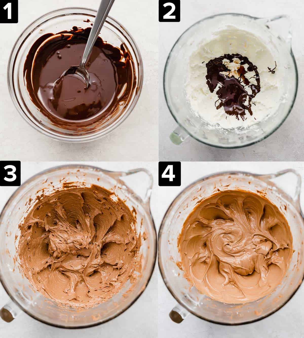 Four photos showing the process of making a French Silk Pie using raw eggs and melted chocolate.
