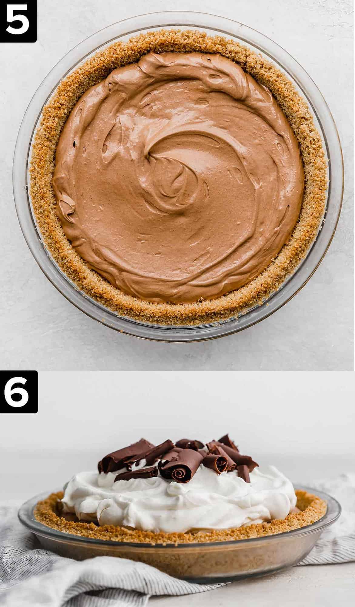 Two images stacked above one another: top image is a chocolate mixture in a graham cracker crust, bottom photo is a whipped cream topped French Silk Pie.