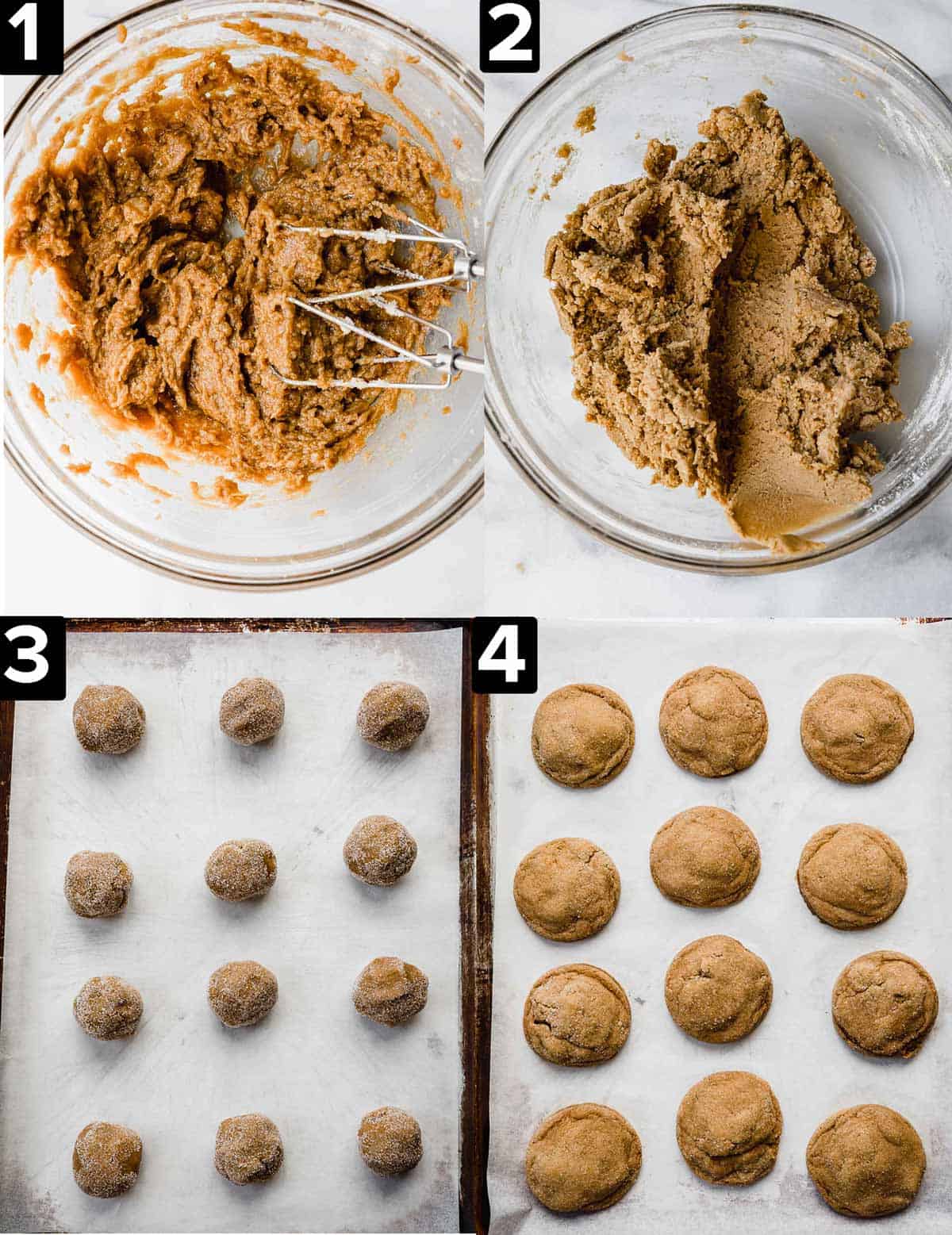 Four photos showing how to make Gingerbread Sandwich Cookies.