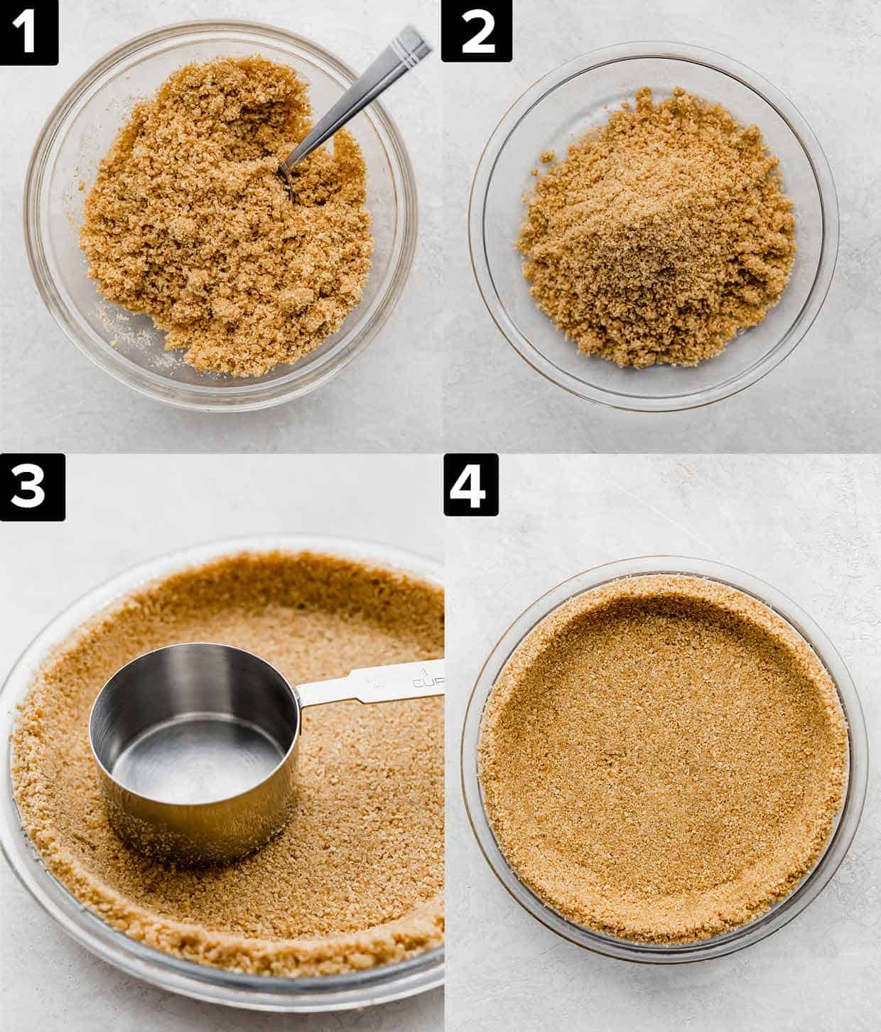 Four images illustrating how to make Graham Cracker Crust recipe: graham cracker mixture in a glass bowl, graham cracker mixture in a pie plate, a metal measuring cup pressing into the crust, and baked pie crust.