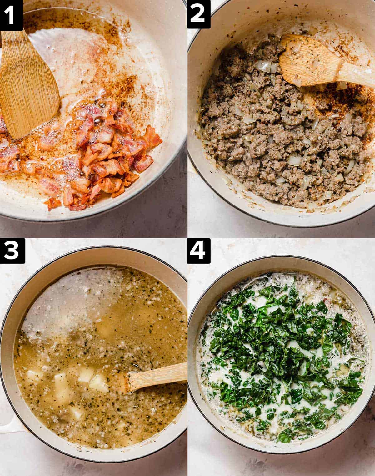 Four images showing how to make Olive Garden Zuppa Toscana Soup, top left has bacon in a white pot, top right has cooked sausage in a white pot, bottom left is potatoes and broth in a pot, bottom right has chopped kale in the soup.