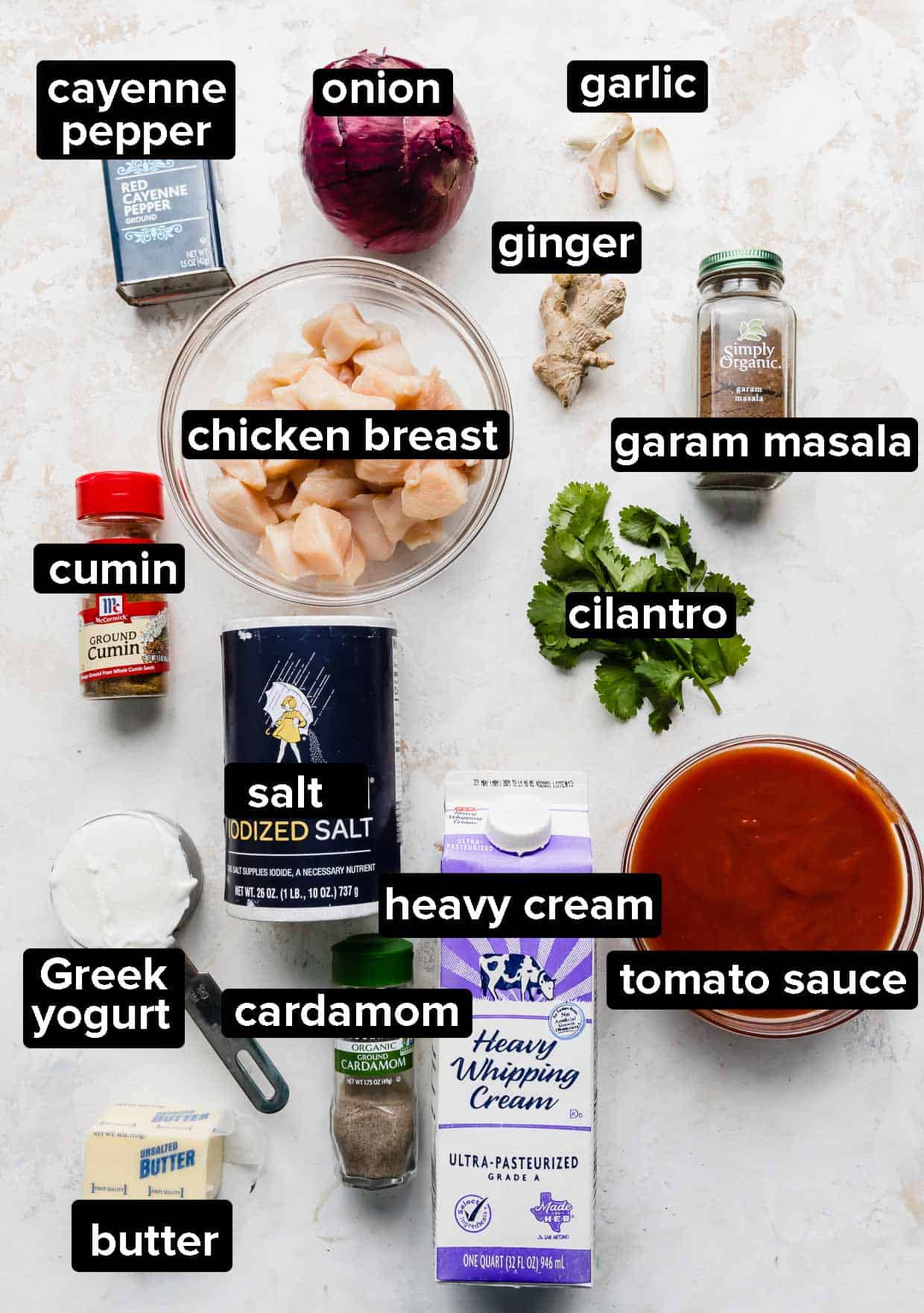 Ingredients used to make Indian Butter Chicken laid out on a white background.