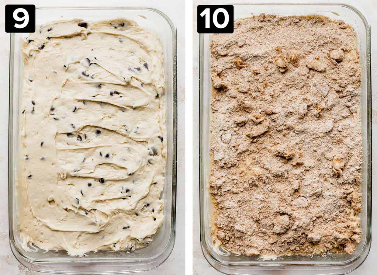 Two photos: left photo is Cinnamon Chocolate Chip Coffee Cake batter in a rectangle pan, right photo has a cinnamon crumble overtop of the batter.
