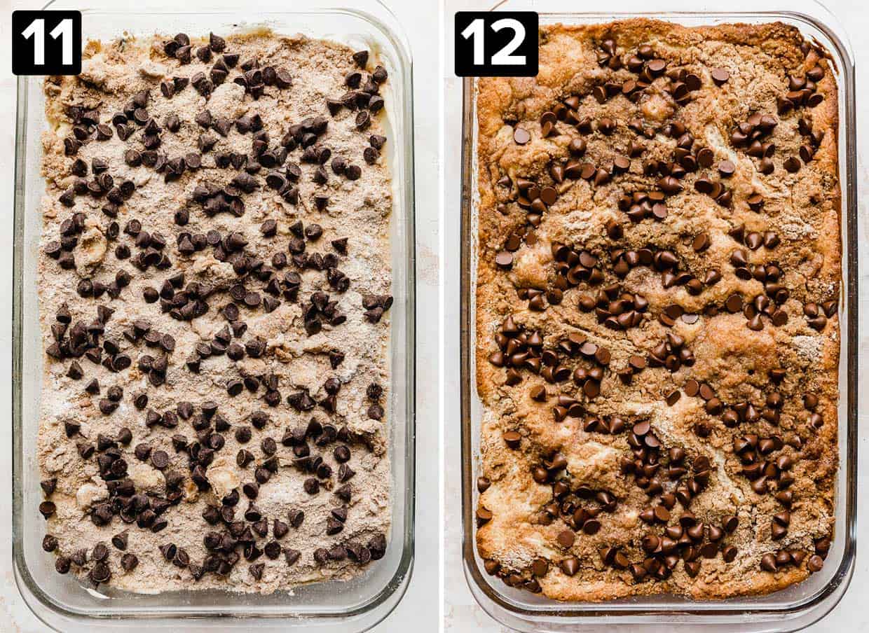 Two photos: left photo has Cinnamon Chocolate Chip Coffee Cake in a pan with chocolate chip overtop (not baked), right photo is a golden brown baked chocolate chip coffee cake.