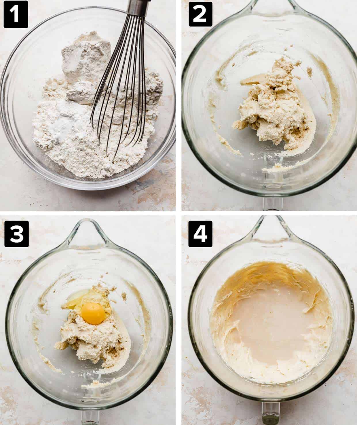 Four photos showing how to make Cinnamon Chocolate Chip Coffee Cake batter.