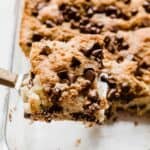 A cinnamon crumble topped chocolate chip coffee cake.