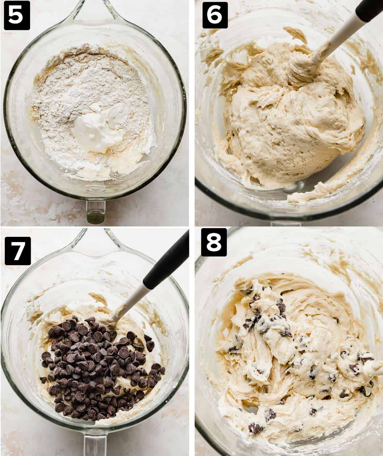 Four photos showing how to make Cinnamon Chocolate Chip Coffee Cake batter, in a glass bowl with adding dry ingredients to the chocolate chips, to stirring together.