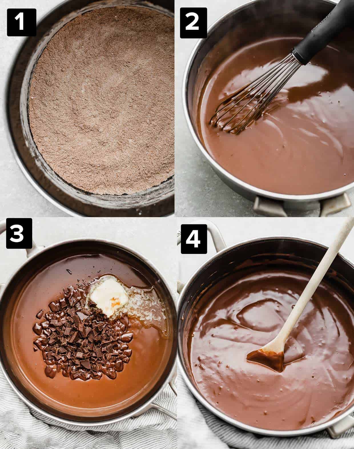 A four photo collage of how to make Homemade Chocolate Pudding.