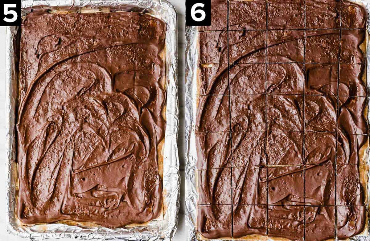 Two images side by side, left image is chocolate covered toffee crackers, right image is the same pan of saltine cracker toffee but cut into small squares.