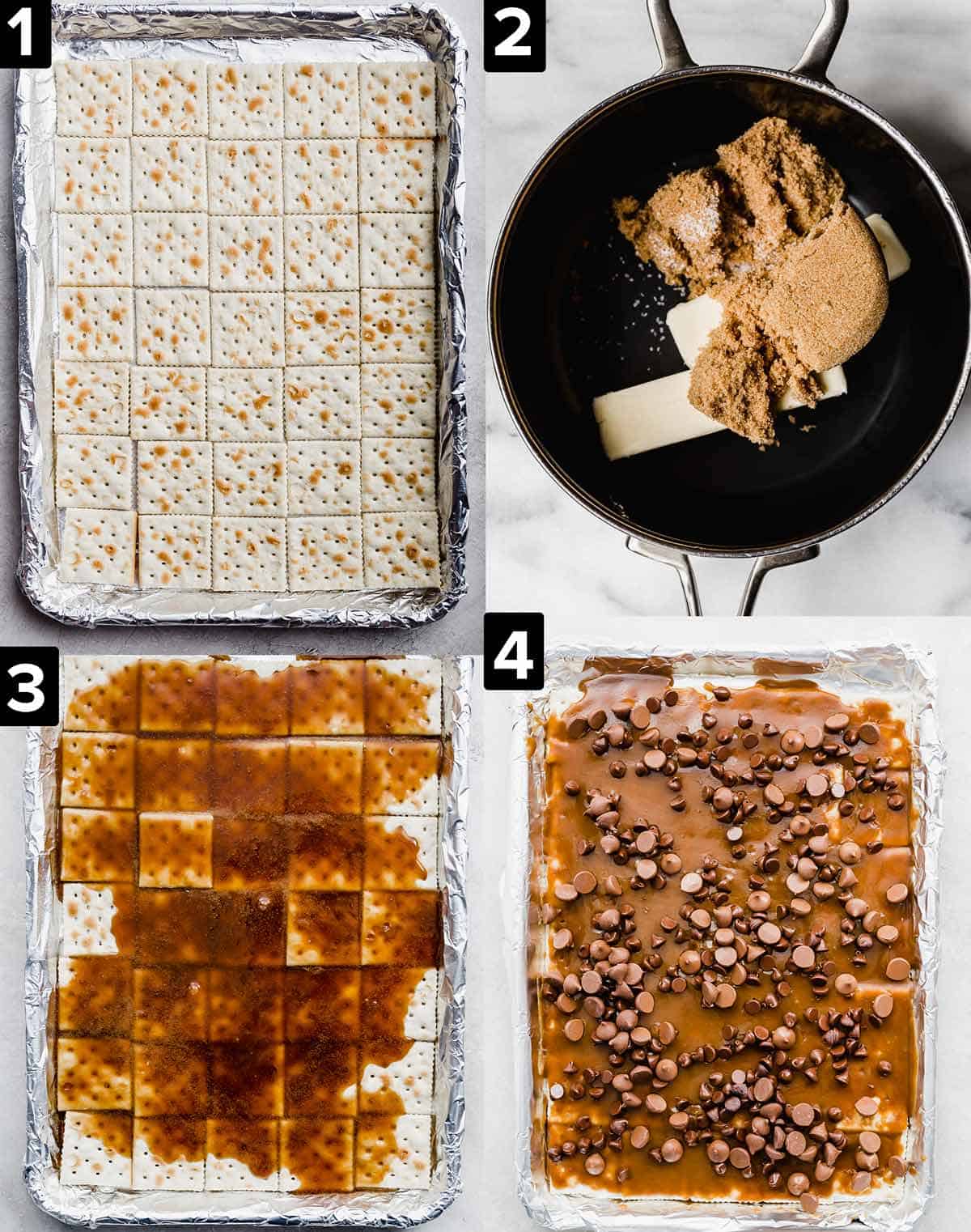 Four photos showing how to make saltine cracker toffee recipe: crackers lined along the bottom of a pan, sugar butter and salt in a saucepan, then the toffee over the crackers, and chocolate chips spread over the toffee.