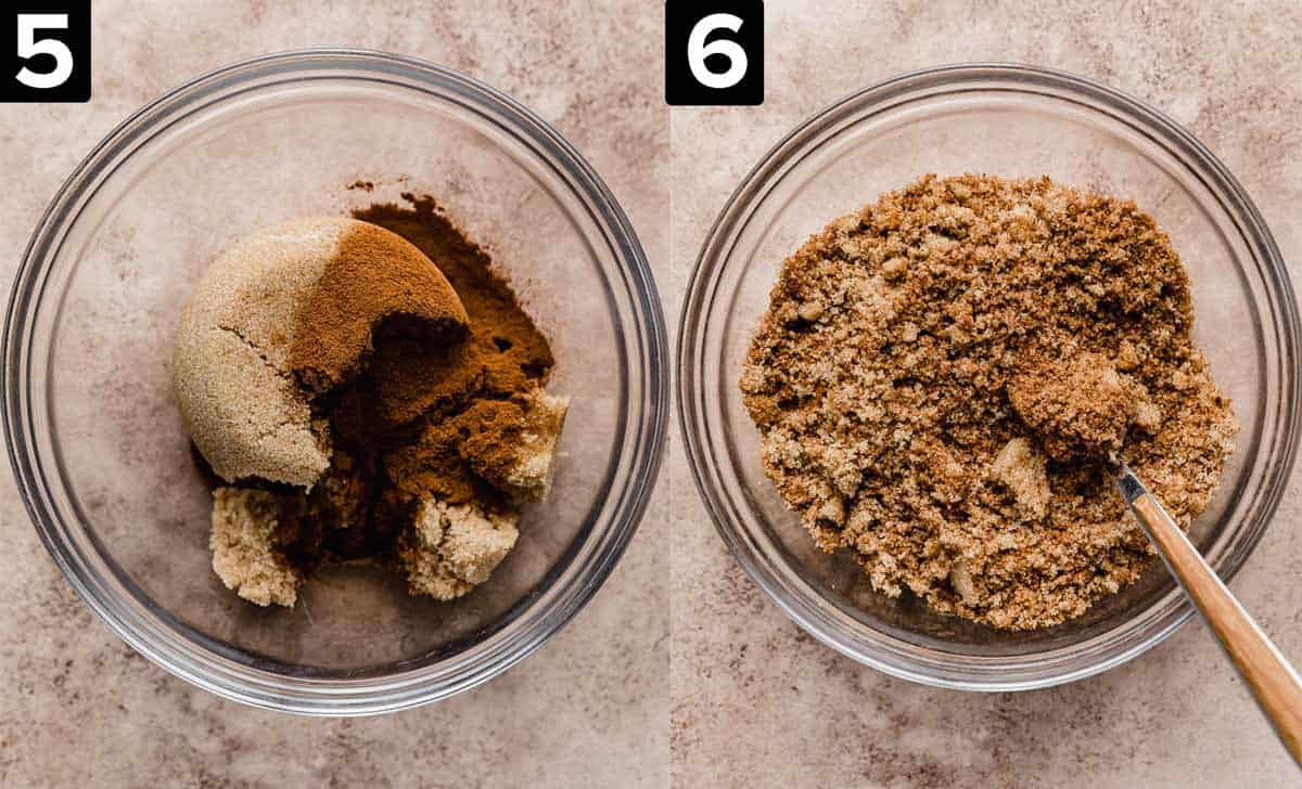 Two photos, left photo has brown sugar and cinnamon in a glass bowl, right photo is a brown sugar and cinnamon mixture stirred together. 