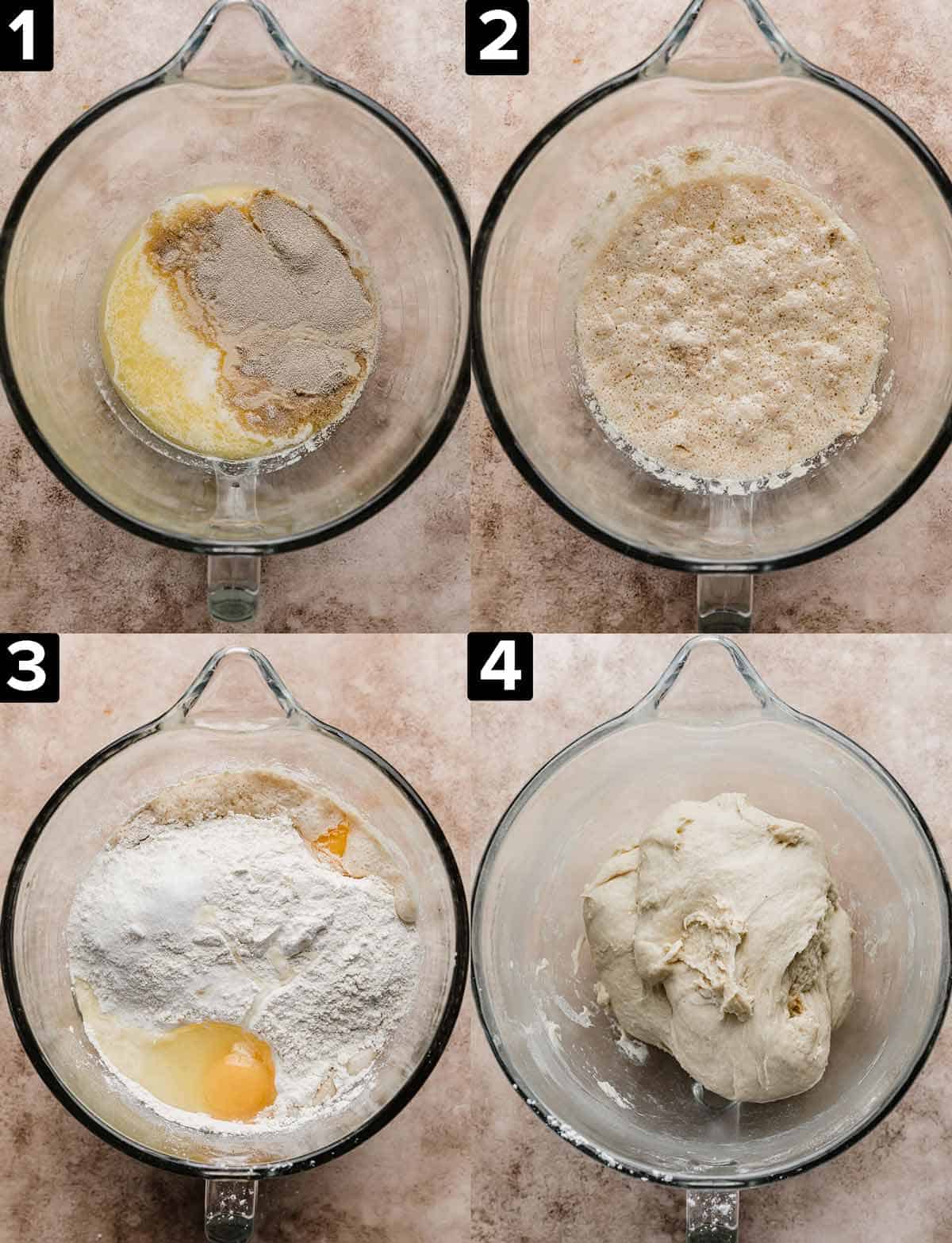 Four separate images showing the process of how to make cinnamon rolls, each photo has a glass mixing bowl on a brown background, with different steps of making the dough. 