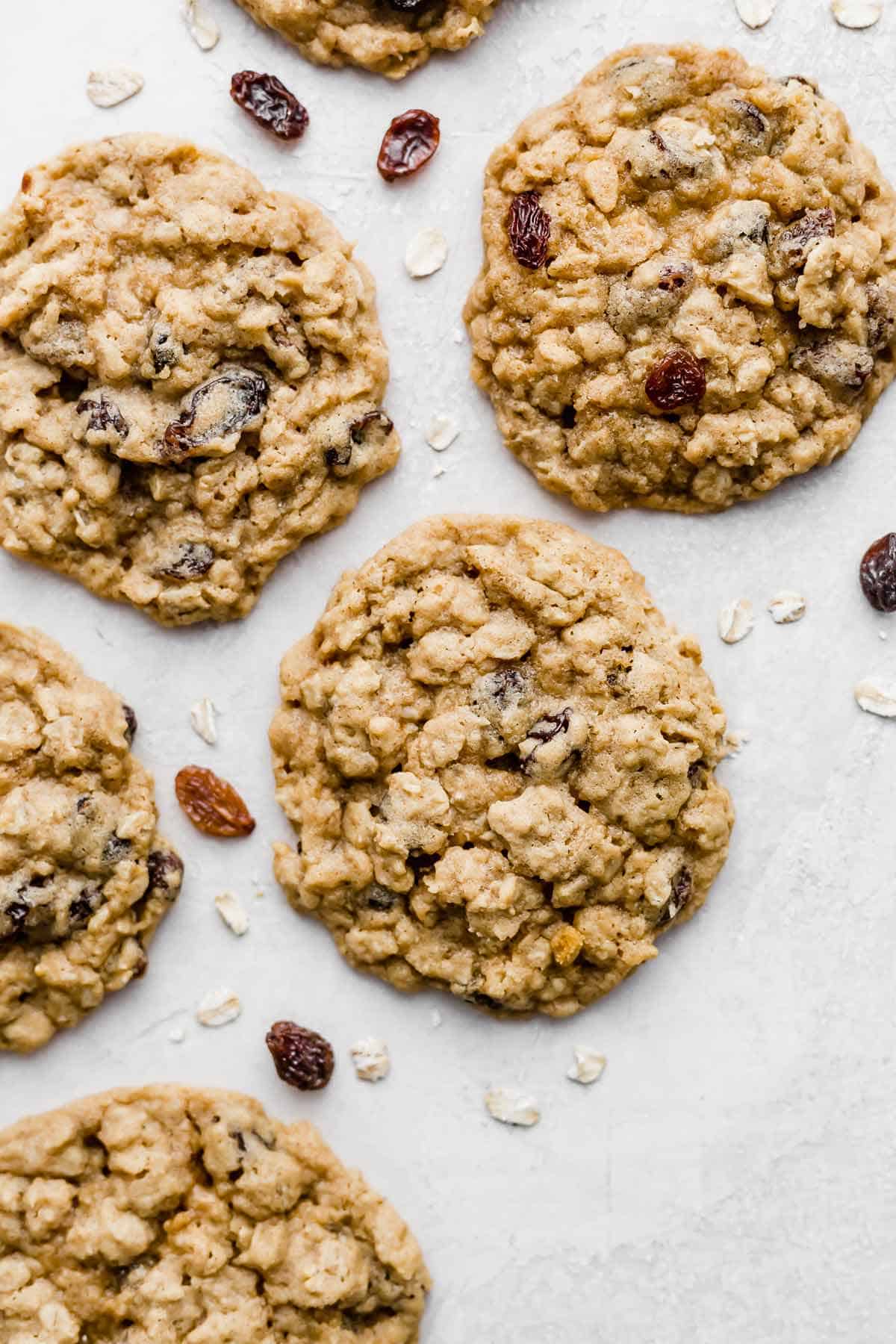 Soft Oatmeal Raisin Cookies on a white background.