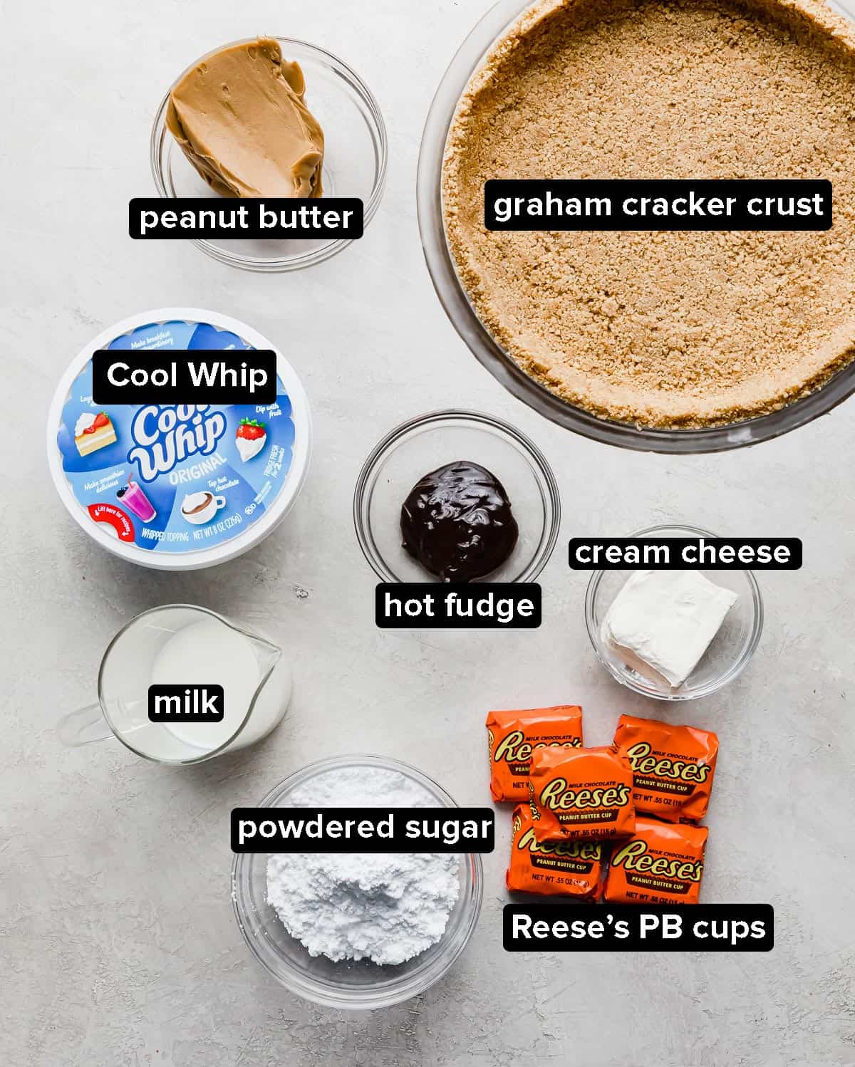 No-Bake Peanut Butter Pie ingredients on a light gray background.