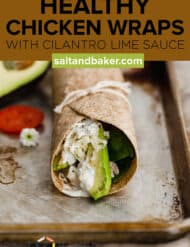 A Healthy Chicken Wrap on a baking sheet, tied up with string.