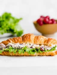 A Chicken Salad Sandwich on croissant against a white background.